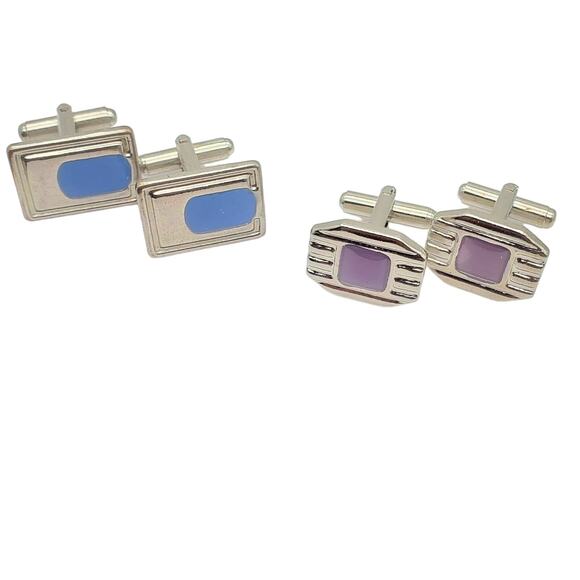Blue Purple Enamel Cufflinks Silver Tone Ribbed Cuff Links Deco Style Vintage - Picture 1 of 4